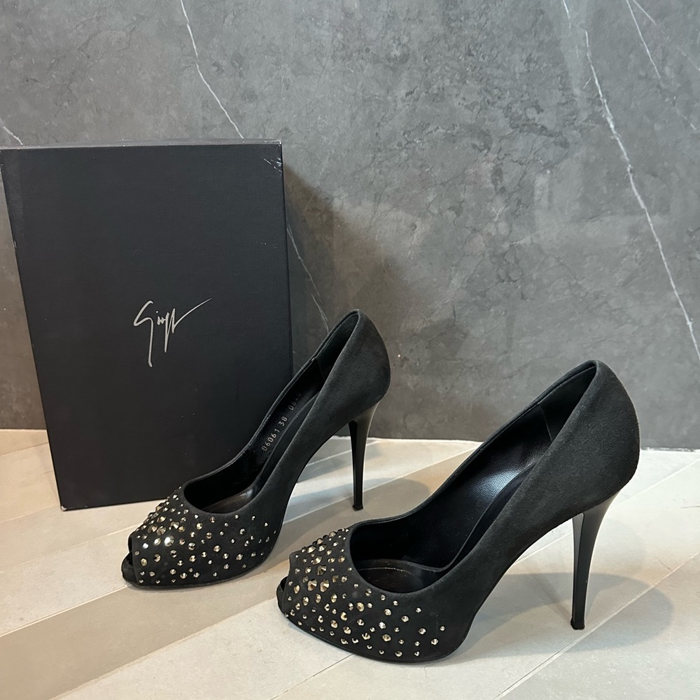 Guiseppe Zanotti Charcoal Grey Suede Heels W/Crystals - 38